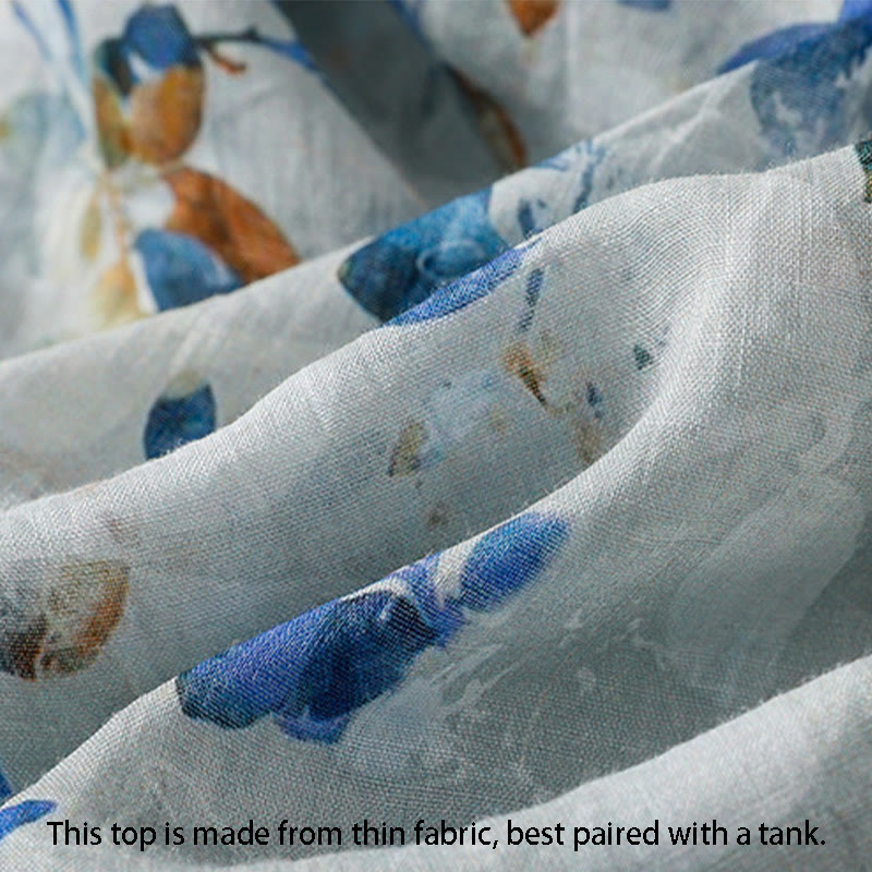 Chemise en coton bleu à fleurs Buddha Stones , col en V, manches trois-quarts, pour femme - image 15