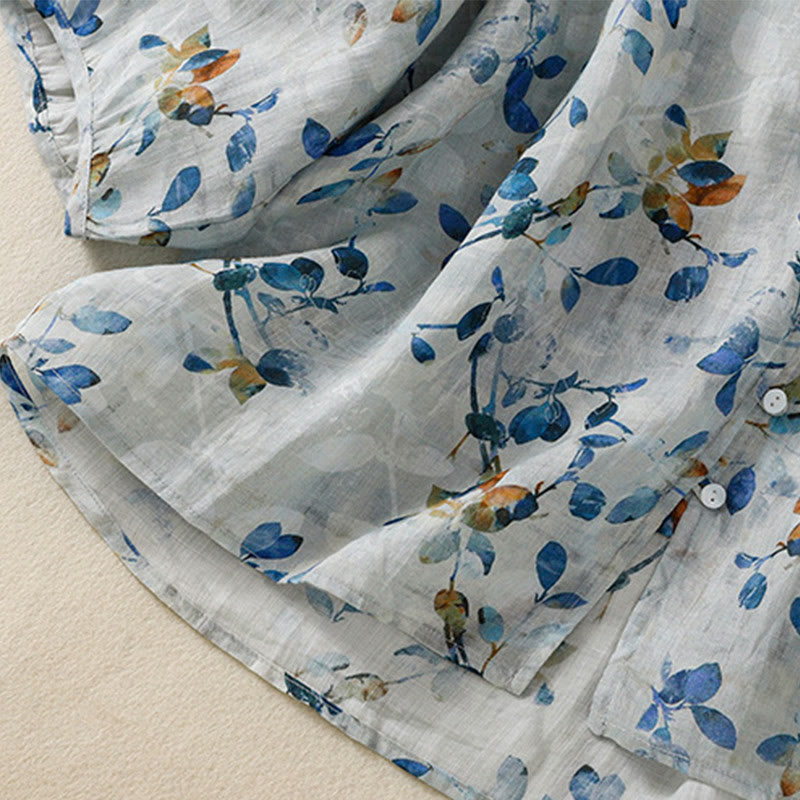 Chemise en coton bleu à fleurs Buddha Stones , col en V, manches trois-quarts, pour femme - image 11