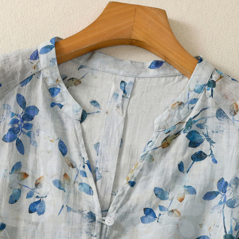 Chemise en coton bleu à fleurs Buddha Stones , col en V, manches trois-quarts, pour femme - image 9
