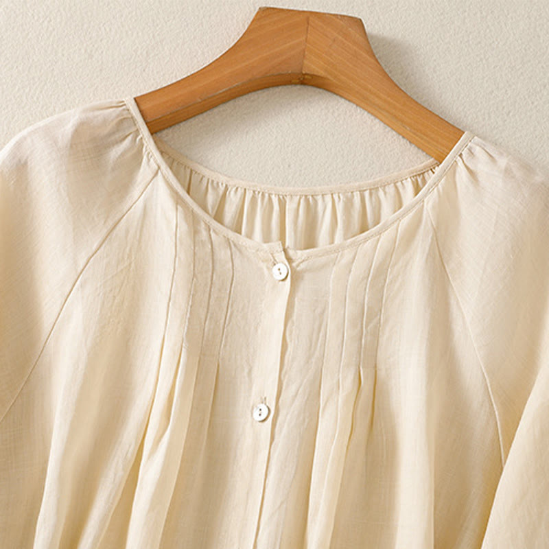 Chemise en coton à col rond et manches trois-quarts pour femme avec boutons et Buddha Stones - image 18