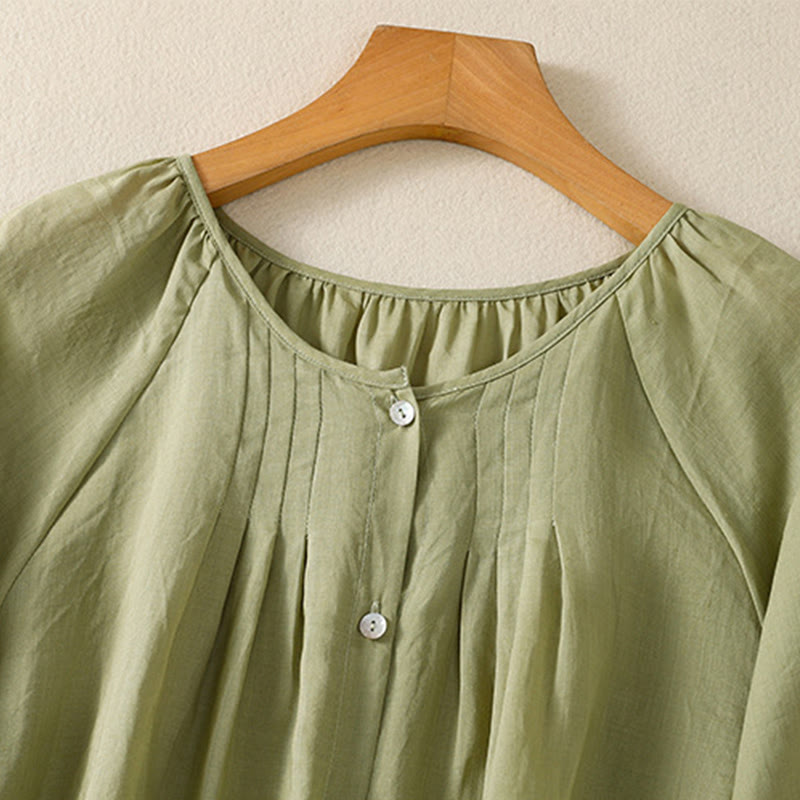 Chemise en coton à col rond et manches trois-quarts pour femme avec boutons et Buddha Stones - image 6