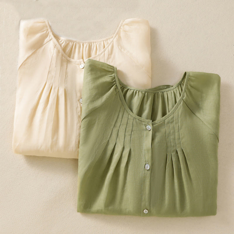 Chemise en coton à col rond et manches trois-quarts pour femme avec boutons et Buddha Stones - image 1