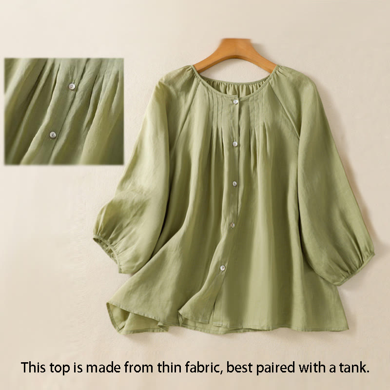 Chemise en coton à col rond et manches trois-quarts pour femme avec boutons et Buddha Stones - image 5