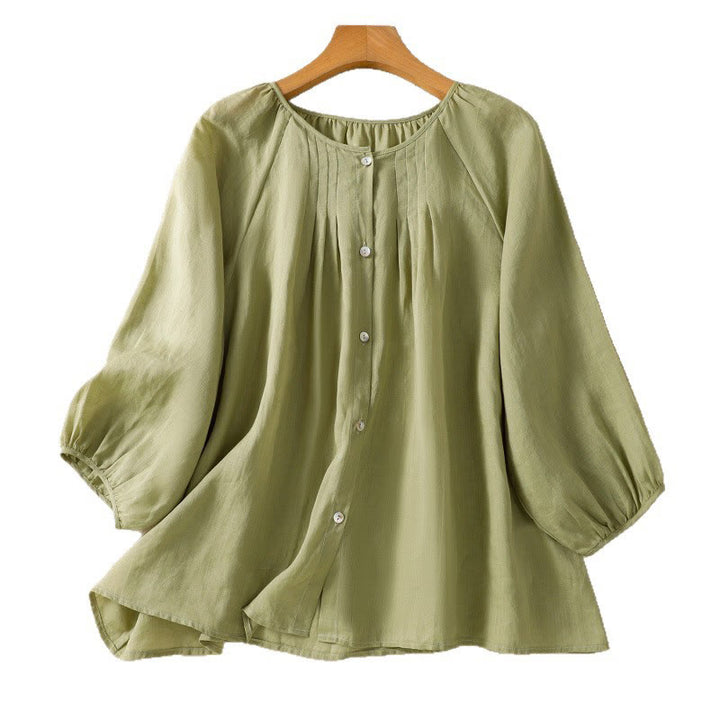 Chemise en coton à col rond et manches trois-quarts pour femme avec boutons et Buddha Stones - image 11