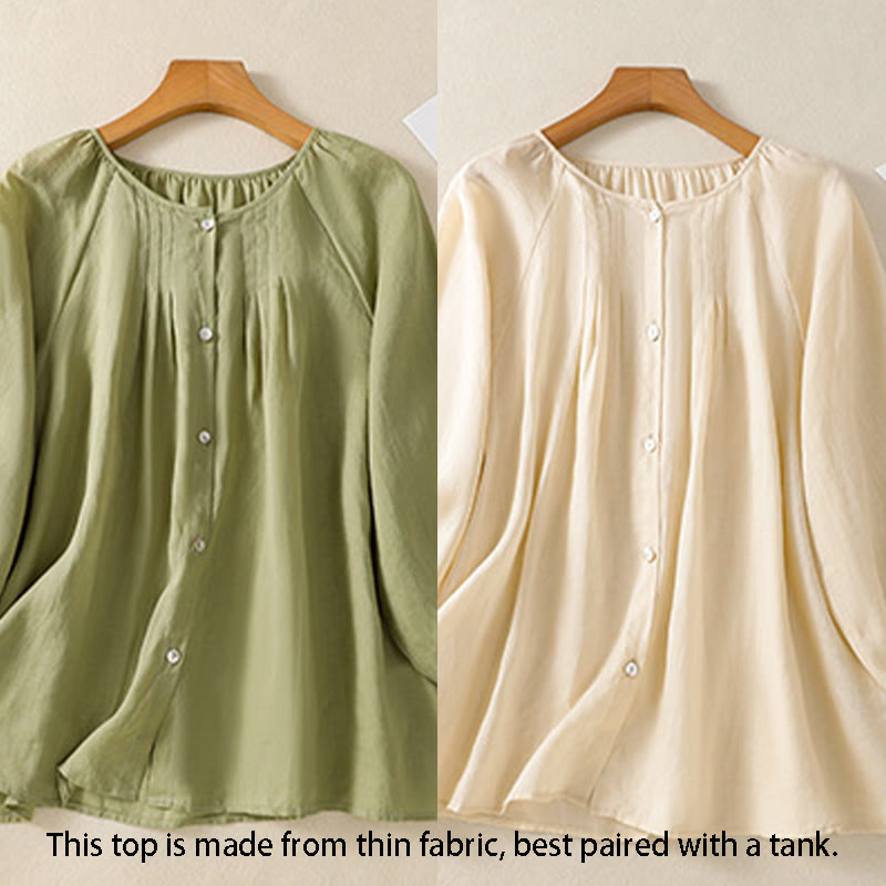 Chemise en coton à col rond et manches trois-quarts pour femme avec boutons et Buddha Stones - image 25