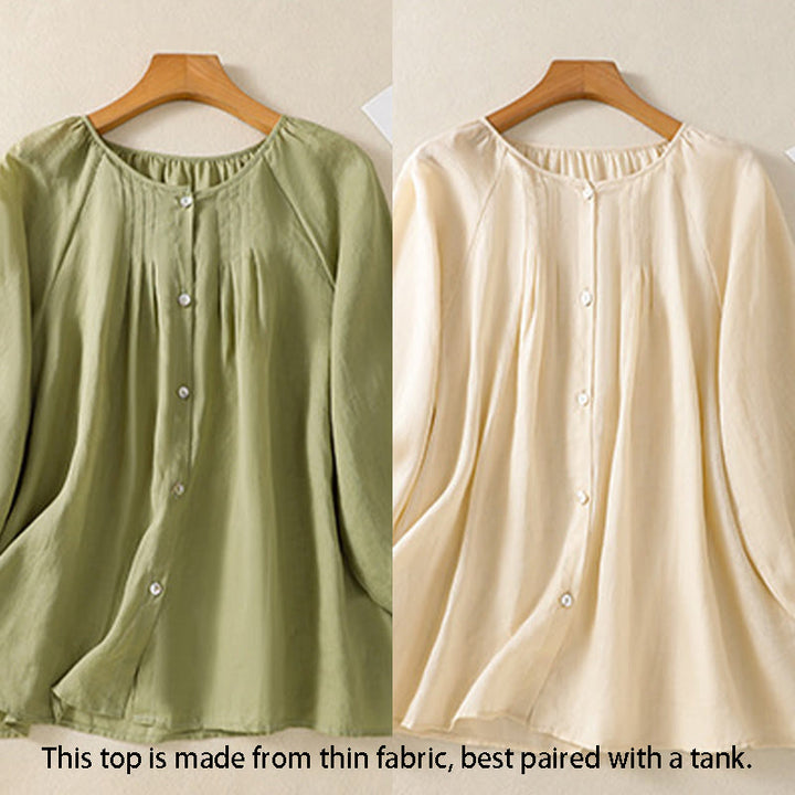 Chemise en coton à col rond et manches trois-quarts pour femme avec boutons et Buddha Stones - image 25