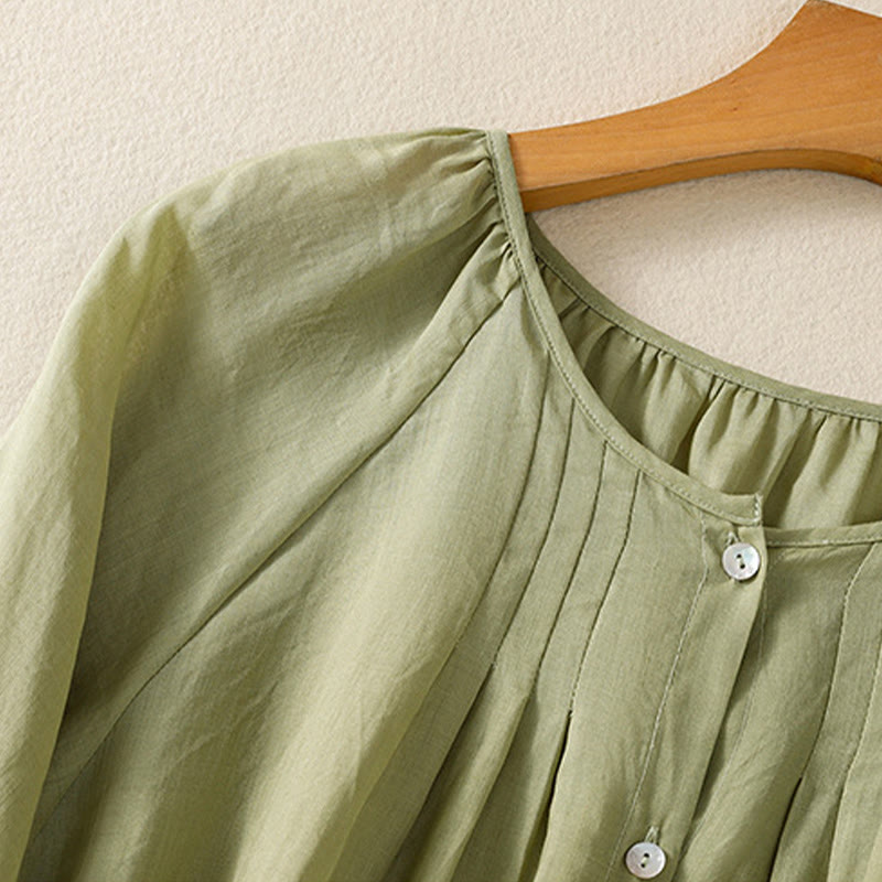 Chemise en coton à col rond et manches trois-quarts pour femme avec boutons et Buddha Stones - image 5