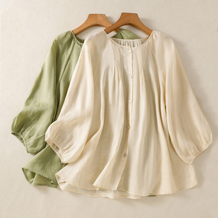 Chemise en coton à col rond et manches trois-quarts pour femme avec boutons et Buddha Stones - image 1