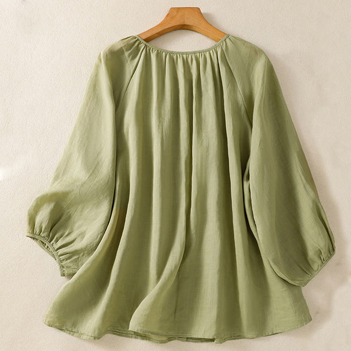 Chemise en coton à col rond et manches trois-quarts pour femme avec boutons et Buddha Stones - image 3