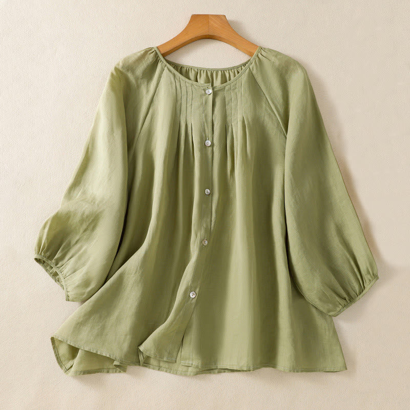 Chemise en coton à col rond et manches trois-quarts pour femme avec boutons et Buddha Stones - JauneVert - US14，UK/AU18，EU46 (2XL) - image 3