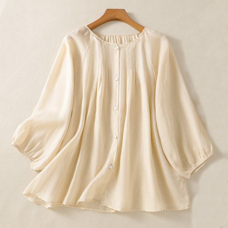 Chemise en coton à col rond et manches trois-quarts pour femme avec boutons et Buddha Stones - Beige - US14，UK/AU18，EU46 (2XL) - image 13