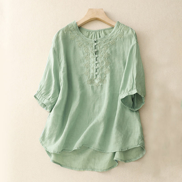 Chemise en coton à manches courtes et col rond pour femme, broderie Buddha Stones Line - Bleu clair - US14，UK/AU18，EU46 (2XL) - image 0