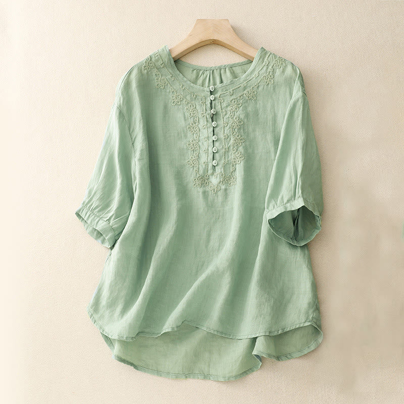 Chemise en coton à manches courtes et col rond pour femme, broderie Buddha Stones Line - Bleu clair - US14，UK/AU18，EU46 (2XL) - image 0