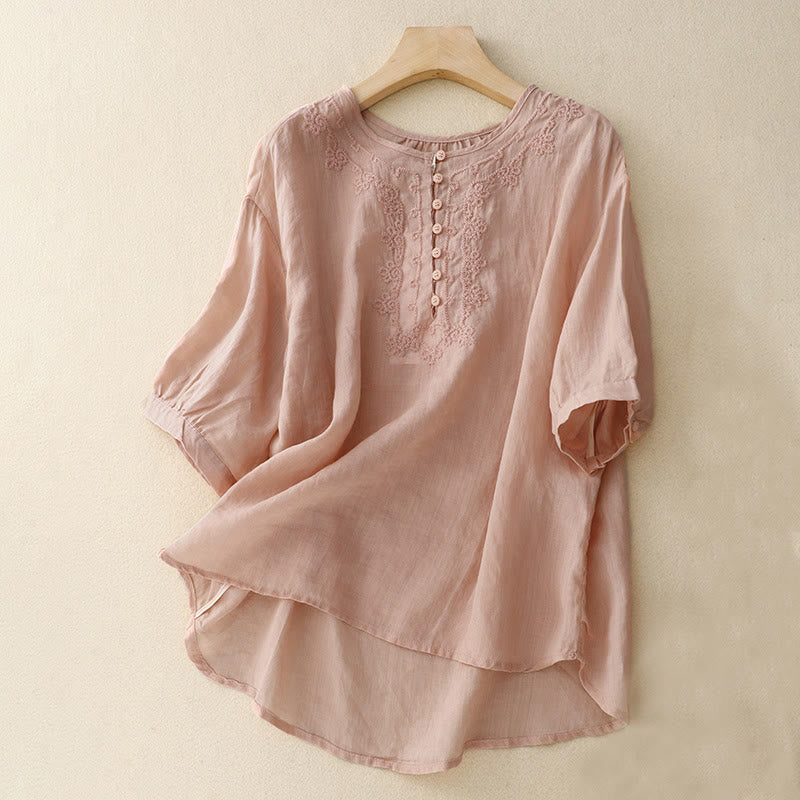 Chemise en coton à manches courtes et col rond pour femme, broderie Buddha Stones Line - Rose - US14，UK/AU18，EU46 (2XL) - image 12