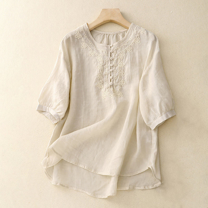 Chemise en coton à manches courtes et col rond pour femme, broderie Buddha Stones Line - Lin - US14，UK/AU18，EU46 (2XL) - image 5