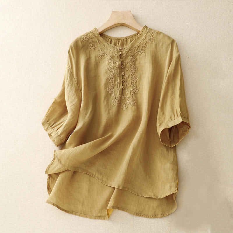 Chemise en coton à manches courtes et col rond pour femme, broderie Buddha Stones Line - Verge d'or - US14，UK/AU18，EU46 (2XL) - image 17