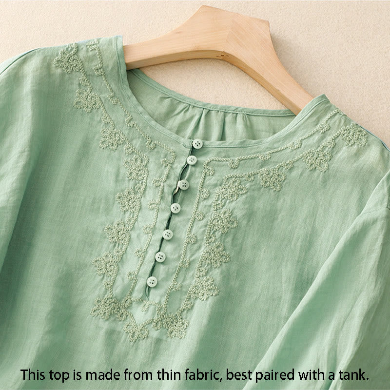 Chemise en coton à manches courtes et col rond pour femme, broderie Buddha Stones Line - image 1