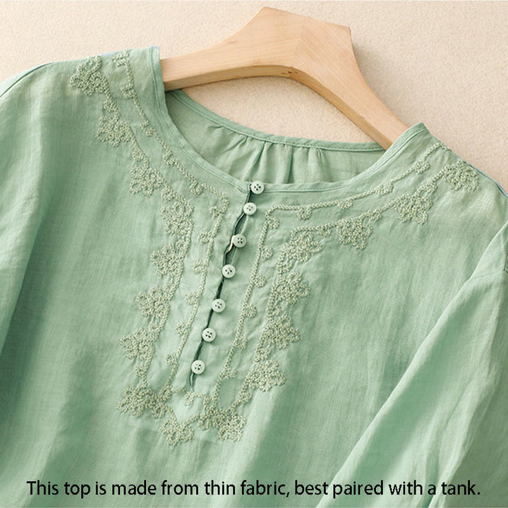 Chemise en coton à manches courtes et col rond pour femme, broderie Buddha Stones Line - image 1