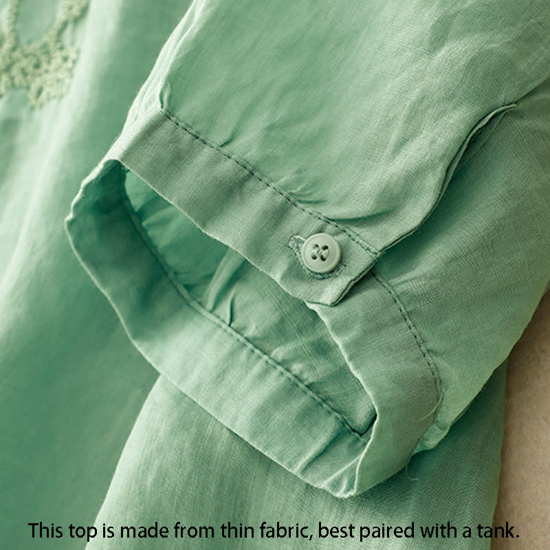 Chemise en coton à manches courtes et col rond pour femme, broderie Buddha Stones Line - image 3