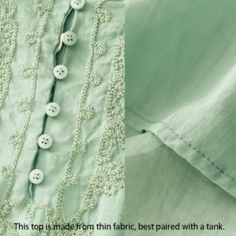 Chemise en coton à manches courtes et col rond pour femme, broderie Buddha Stones Line - image 4