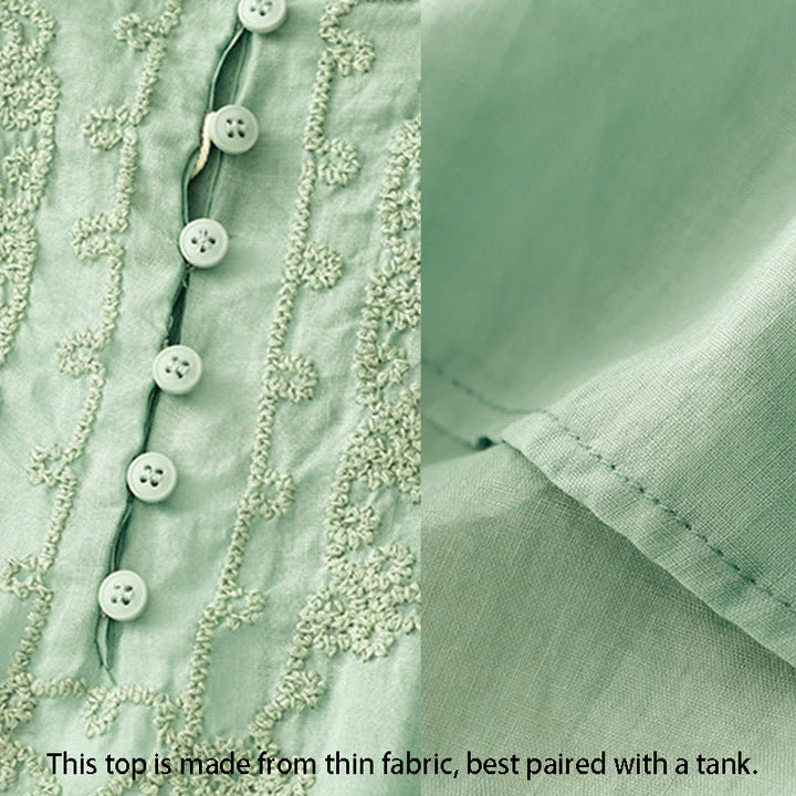 Chemise en coton à manches courtes et col rond pour femme, broderie Buddha Stones Line - image 4