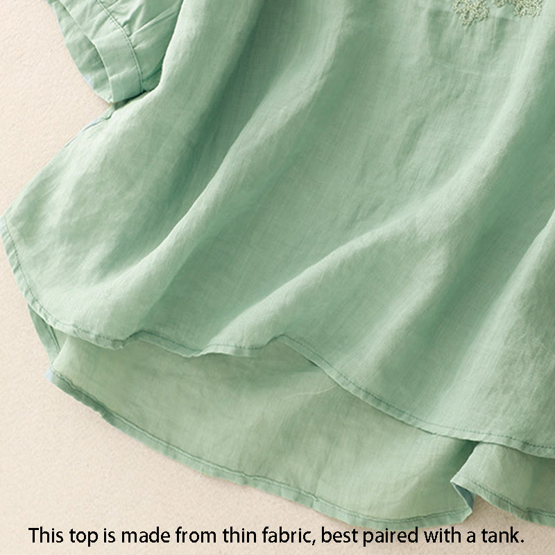 Chemise en coton à manches courtes et col rond pour femme, broderie Buddha Stones Line - image 2