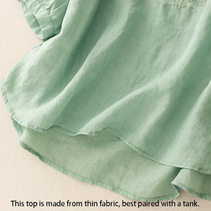 Chemise en coton à manches courtes et col rond pour femme, broderie Buddha Stones Line - image 2