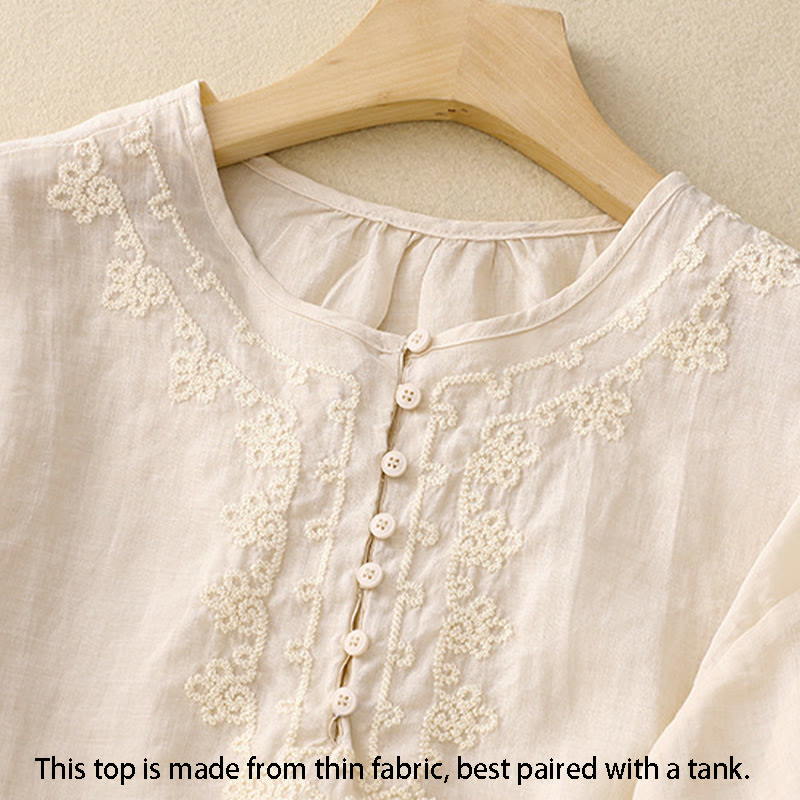 Chemise en coton à manches courtes et col rond pour femme, broderie Buddha Stones Line - image 6