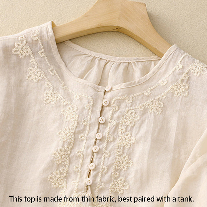 Chemise en coton à manches courtes et col rond pour femme, broderie Buddha Stones Line - image 6