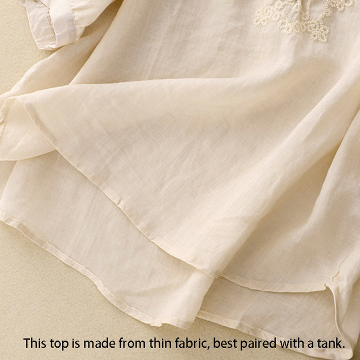 Chemise en coton à manches courtes et col rond pour femme, broderie Buddha Stones Line - image 9