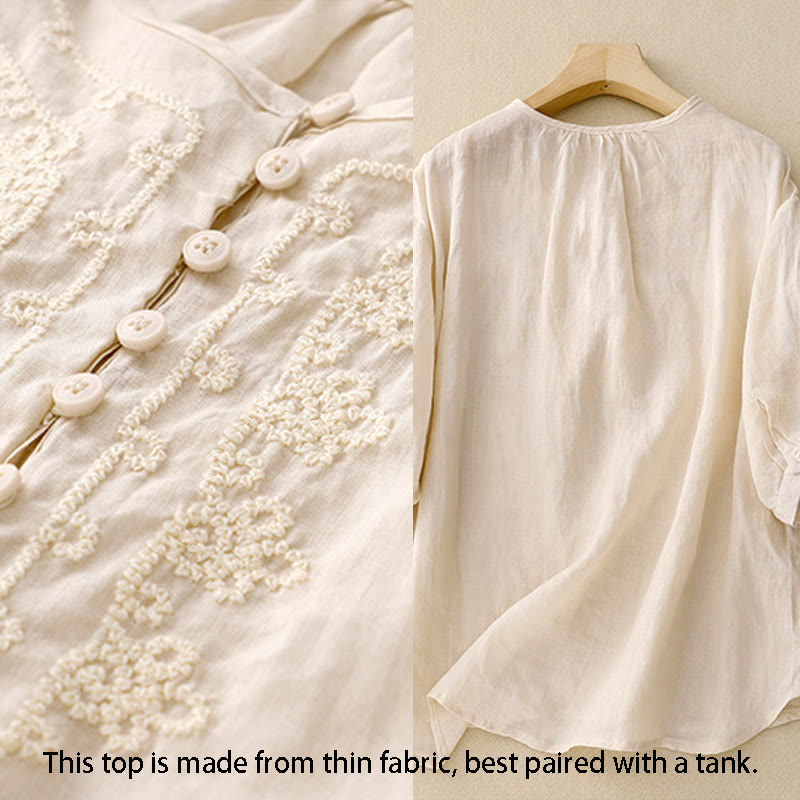 Chemise en coton à manches courtes et col rond pour femme, broderie Buddha Stones Line - image 10