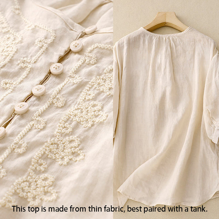 Chemise en coton à manches courtes et col rond pour femme, broderie Buddha Stones Line - image 10