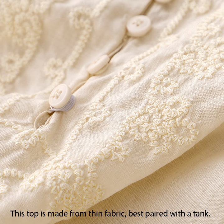 Chemise en coton à manches courtes et col rond pour femme, broderie Buddha Stones Line - image 7