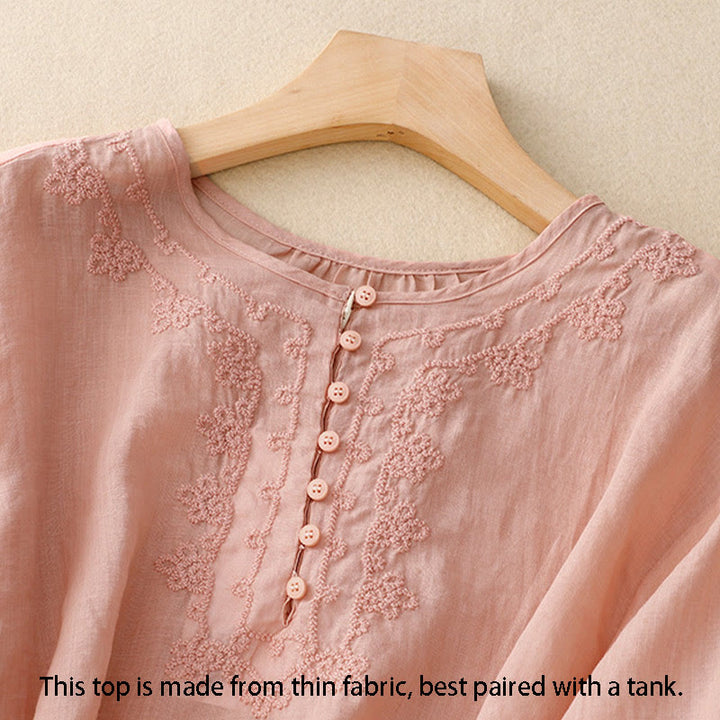 Chemise en coton à manches courtes et col rond pour femme, broderie Buddha Stones Line - image 13