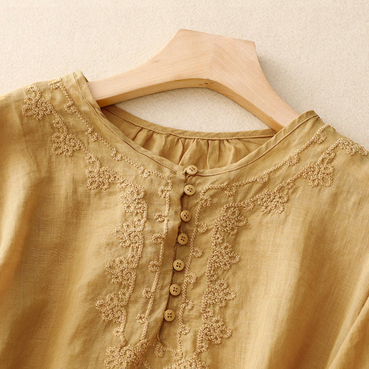 Chemise en coton à manches courtes et col rond pour femme, broderie Buddha Stones Line - image 20