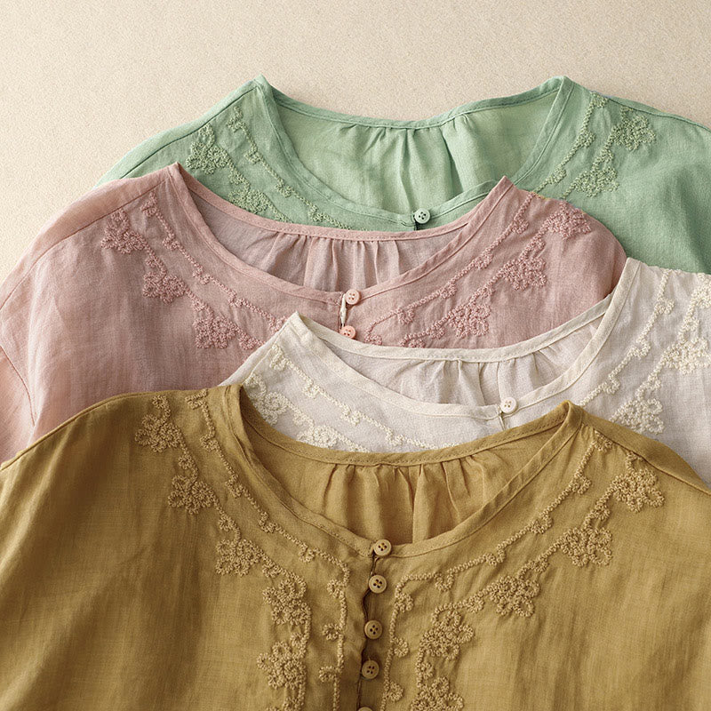 Chemise en coton à manches courtes et col rond pour femme, broderie Buddha Stones Line - image 19