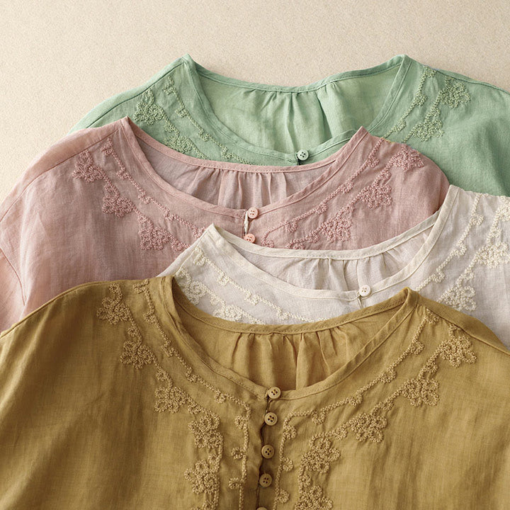 Chemise en coton à manches courtes et col rond pour femme, broderie Buddha Stones Line - image 19