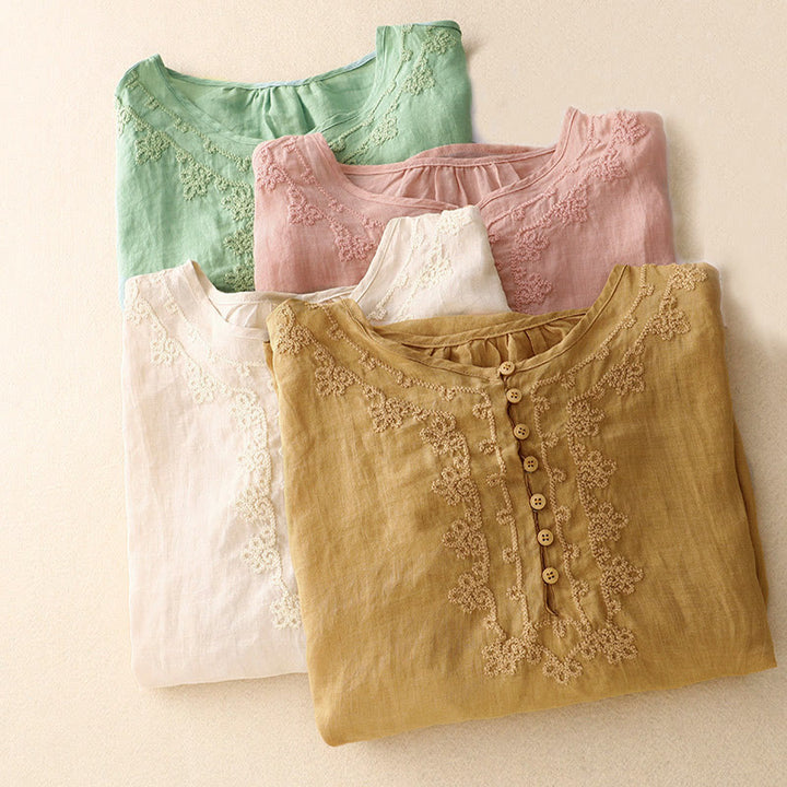 Chemise en coton à manches courtes et col rond pour femme, broderie Buddha Stones Line - image 18