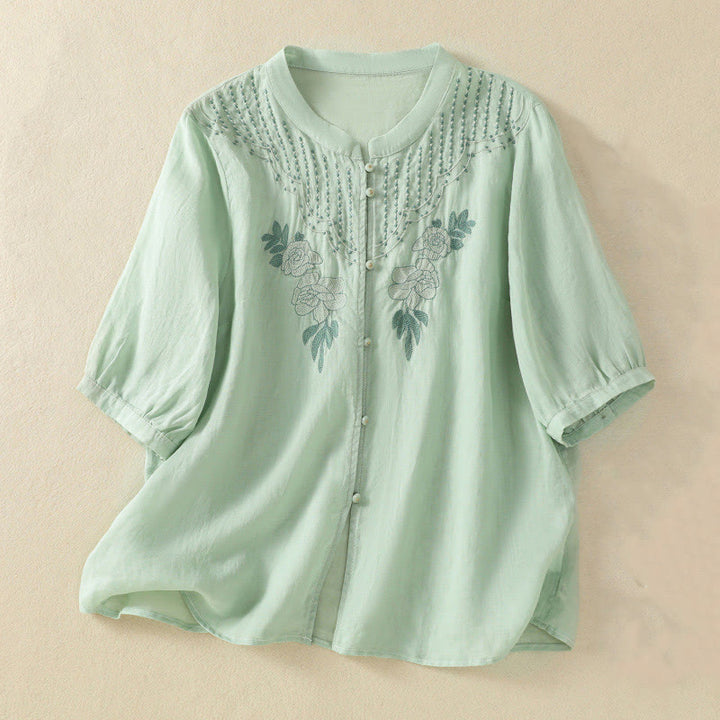 Chemise en coton à manches mi-longues et boutons brodés de fleurs roses et de Buddha Stones pour femme - miellat - US14，UK/AU18，EU46 (2XL) - image 0
