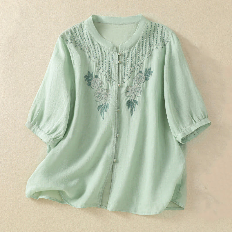 Chemise en coton à manches mi-longues et boutons brodés de fleurs roses et de Buddha Stones pour femme - Melon miellat - US14，UK/AU18，EU46 (2XL) - image 0