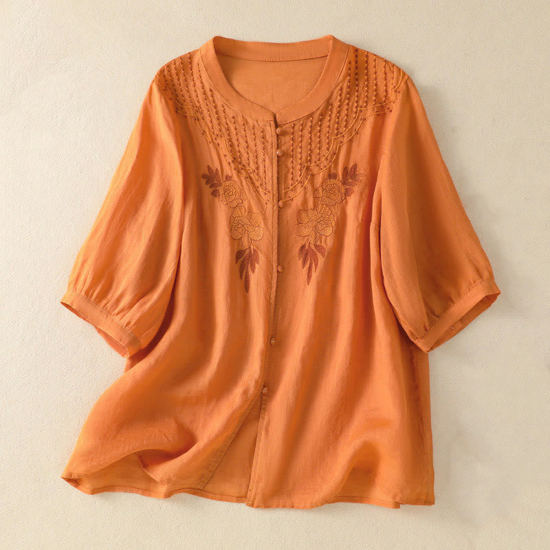Chemise en coton à manches mi-longues et boutons brodés de fleurs roses et de Buddha Stones pour femme - Orange - US14，UK/AU18，EU46 (2XL) - image 23