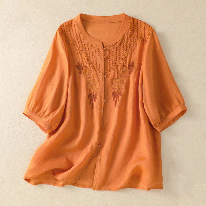 Chemise en coton à manches mi-longues et boutons brodés de fleurs roses et de Buddha Stones pour femme - Orange - US14，UK/AU18，EU46 (2XL) - image 23