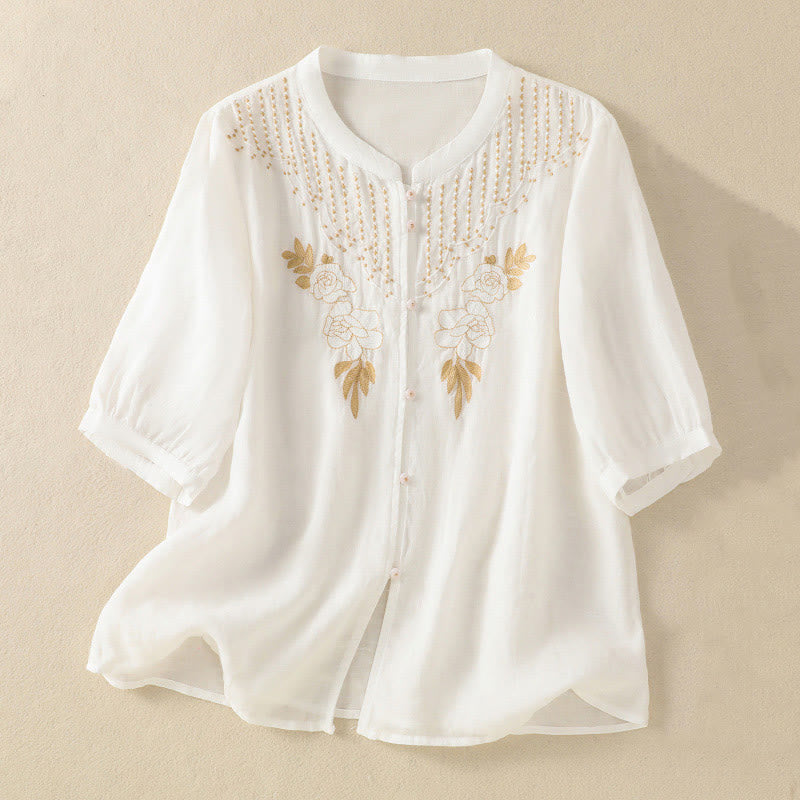 Chemise en coton à manches mi-longues et boutons brodés de fleurs roses et de Buddha Stones pour femme - Blanc - US14，UK/AU18，EU46 (2XL) - image 33