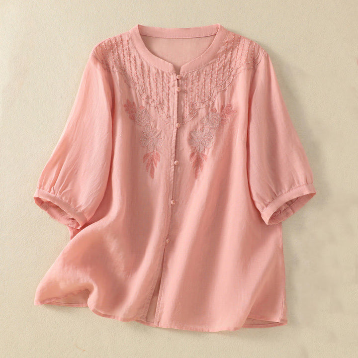 Chemise en coton à manches mi-longues et boutons brodés de fleurs roses et de Buddha Stones pour femme - Rose clair - US14，UK/AU18，EU46 (2XL) - image 11