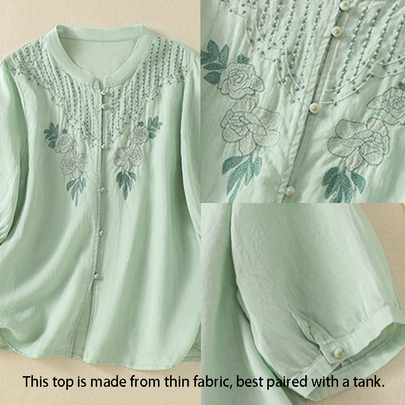 Chemise en coton à manches mi-longues et boutons brodés de fleurs roses et de Buddha Stones pour femme - image 3