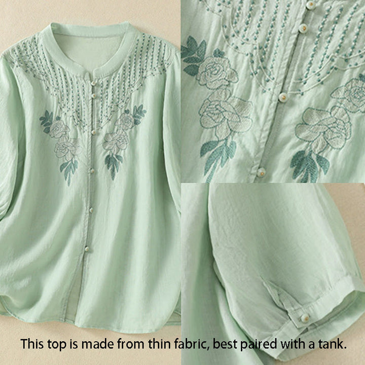 Chemise en coton à manches mi-longues et boutons brodés de fleurs roses et de Buddha Stones pour femme - image 3