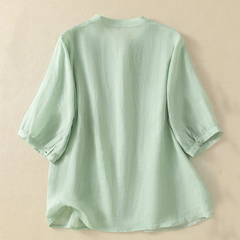 Chemise en coton à manches mi-longues et boutons brodés de fleurs roses et de Buddha Stones pour femme - image 2