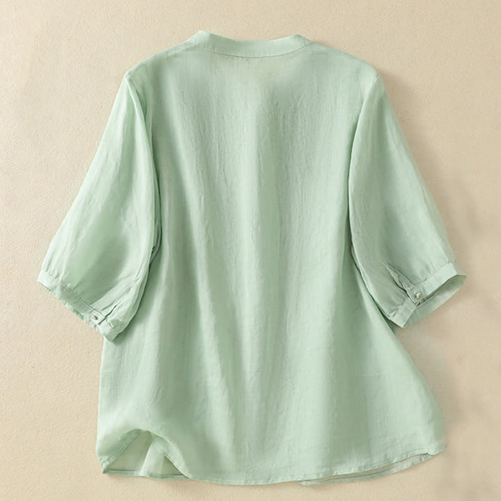 Chemise en coton à manches mi-longues et boutons brodés de fleurs roses et de Buddha Stones pour femme - image 2