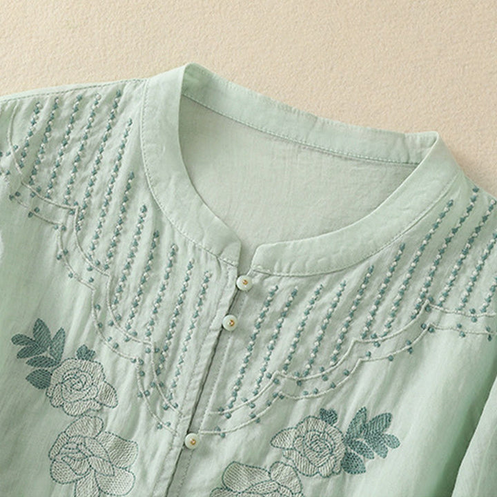 Chemise en coton à manches mi-longues et boutons brodés de fleurs roses et de Buddha Stones pour femme - image 6