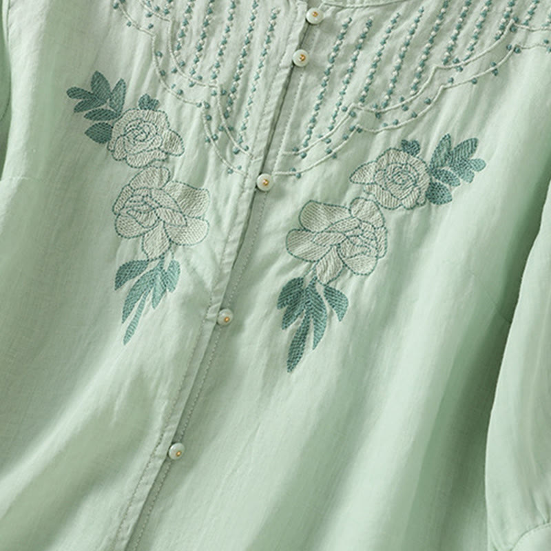 Chemise en coton à manches mi-longues et boutons brodés de fleurs roses et de Buddha Stones pour femme - image 7